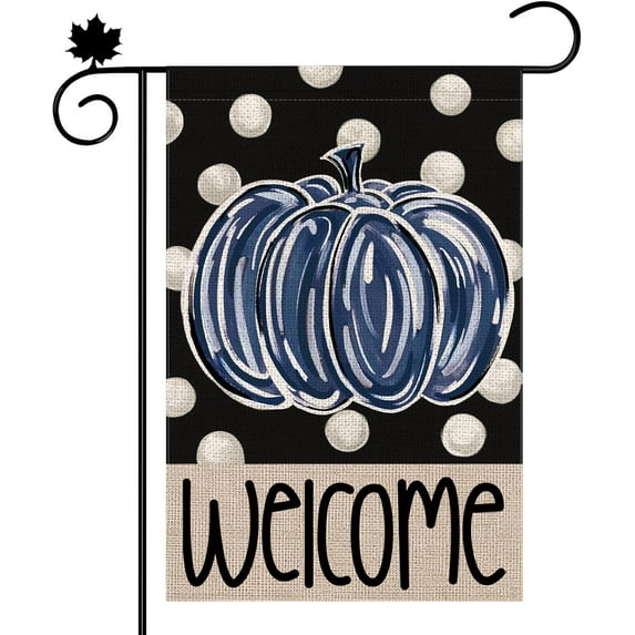 Fall Garden Flag 12.5x18in Double Sided Thanksgiving Blue Pumpkin Welcome Polka Dot Vertical Yard Flag Autumn Holiday Harvest Seasonal Outdoor Decoration for Outside Home Porch Yard Decor