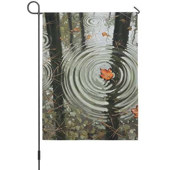 Fall Garden Flag 12 x 18 Inches, Rustic Rainy Nature Floating Leaf Pine Needles Water Ripples Weather Proof Outdoor Patio Flags Double Sided Small Garden Decoration for Yard Outside Home