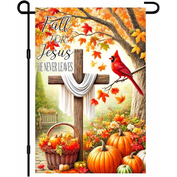 Fall Garden Flag 12x18 Inch Christian Autumn Pumpkin Cross Cardinal Yard Flag Thanksgiving Porch Lawn Outdoor Decoration