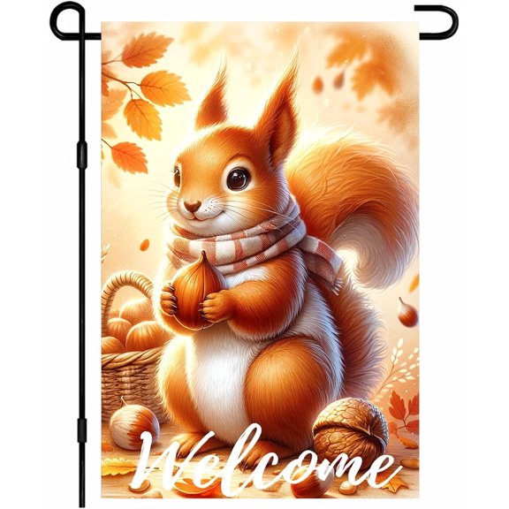 Fall Garden Flag 12x18 Inch Cute Red Squirrel With Acorn and Scarf Double Sided Welcome Autumn Yard Flag for Porch Outdoor Indoor