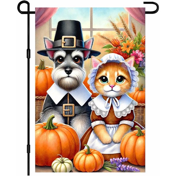 Fall Garden Flag 12x18 Inch Double Sided Dog and Cat Pilgrim Outfits with Pumpkins Thanksgiving Yard Flag for Outside Home Front Door Lawn Porch or Patio Welcome Decor