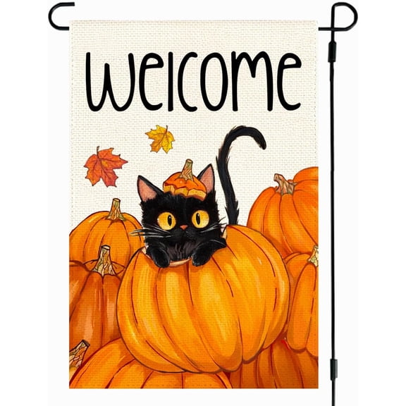 Fall Garden Flag 12x18 Inch Double Sided Outside, Autumn Harvest Pumpkins Black Cat Welcome Small Seasonal Yard Outdoor Decoration