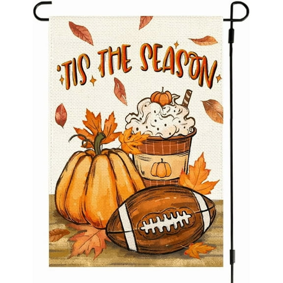 Fall Garden Flag 12x18 Inch Double Sided Outside, Tis' the Season Autumn Rustic Football Pumpkin Leaves Seasonal Holiday Yard Outdoor Decoration