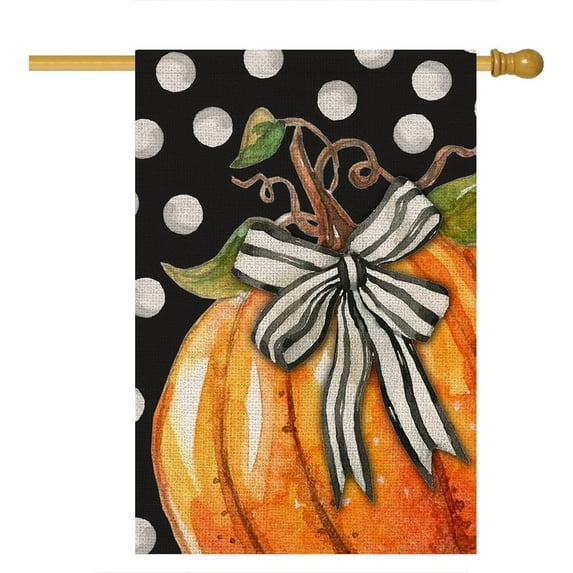 Fall Garden Flag 12x18 Inch Double Sided, Pumpkin with Bowknot White Dots Small Yard Flags for Outdoor,Seasonal Decor for Thanksgiving Autumn Farmhouse Outside Holiday