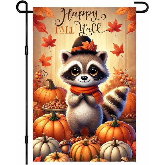 Fall Garden Flag 12x18 Inch Double Sided Raccoon Pumpkin Flags Autumn Leaves Hat Scarf Acorn Basket Small Yard Flag Harvest Decor for Outdoor Porch Lawn Seasonal Thanksgiving Display