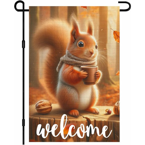 Fall Garden Flag 12x18 Inch Squirrel Nut Yard Banner Double Sided Autumn Outdoor Decoration with Leaves Tree Stump for Lawn Porch House Seasonal Fall Garden Flags Outdoor Decor
