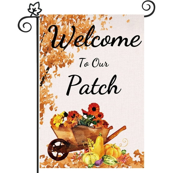 Fall Garden Flag Decorations Thanksgiving banner Burlap Outdoor Yard Porch Sign Welcome to Our Patch Home Farmhouse Autumn Flag 12.5" x 18"