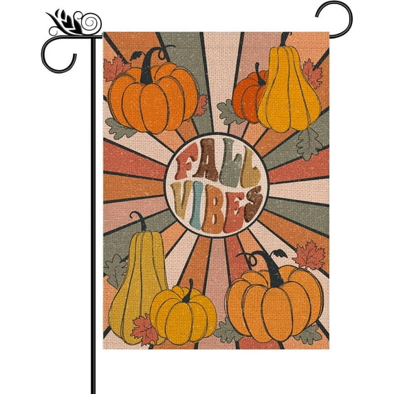 Fall Garden Flag Fall Vibes Double Sided for Outside Burlap Pumpkins Autumn Seasonal Yard Decoration Lawn Outdoor Decor 12x18 Inch