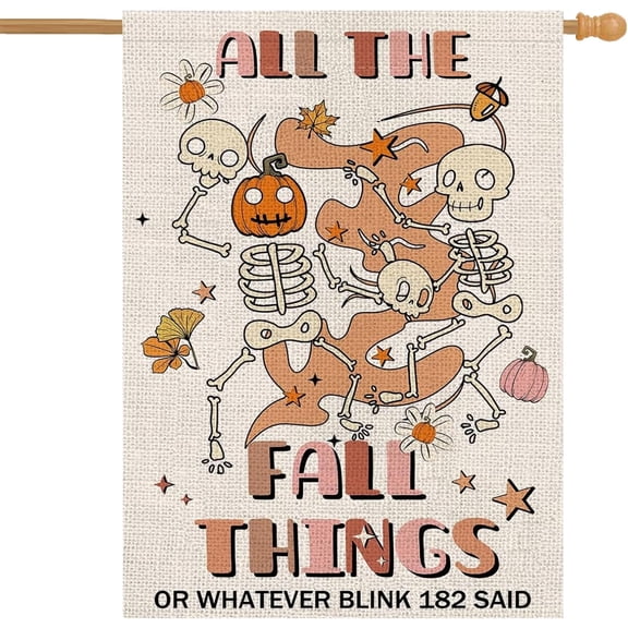 Fall Garden Flag Funny Skeleton Pumpkin Double Sided All The Fall Things Flag Seasonal Autumn Yard Outdoor Decorations 12.5 x 18 Inch