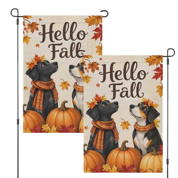 Fall Garden Flag Hello Fall Dogs Pumpkins and Autumn Leaves Outdoor Yard Decor 12 x 18 Inch
