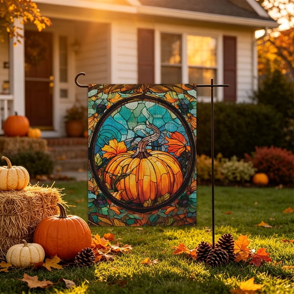 Fall Garden Flag For Outdoor Decor Thanksgiving Garden Flags Autumn Stained Glass Pumpkin Maple Leaf Double Sided Small Burlap Outside Porch Lawn Yard Flags Decorations