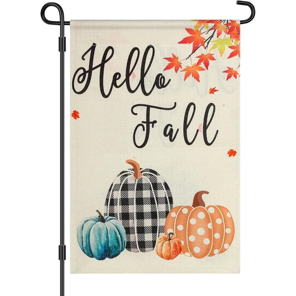 Fall Garden Flag, Outdoor Fall Decor Hello Fall Yard Flag Pumpkin Maple Leaf Harvest Fall Flag Thanksgiving Double Sided Yard Seasonal Holiday Outdoor Fall Decor 12x18 Inch