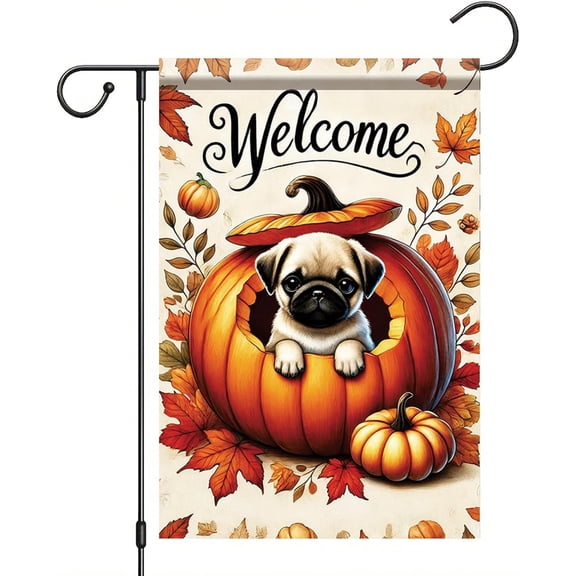 Fall Garden Flag Pug Dog in Pumpkin Yard Banner 12x18 Inch Double-Sided Cute Puppy Autumn Leaf Outdoor Decor Halloween Welcome Sign for Porch Lawn Thanksgiving Dog Lover Gift