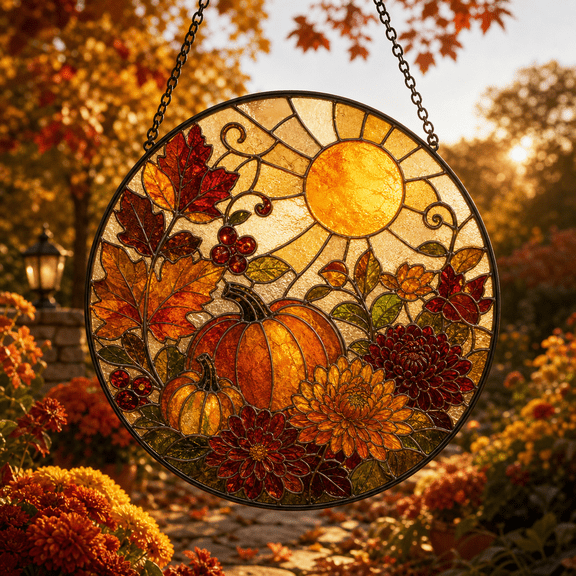 Fall Garden Suncatcher for Window Hanging, Stained Glass Autumn Window Decor