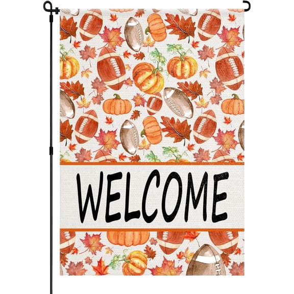 Fall Garden Yard Flag 12 x 18 Inch Outside Double Sided Burlap Pumpkin Rugby Maple Leaf Welcome Flag Farmhouse Holiday Patio Lawn House Outdoor Decorations