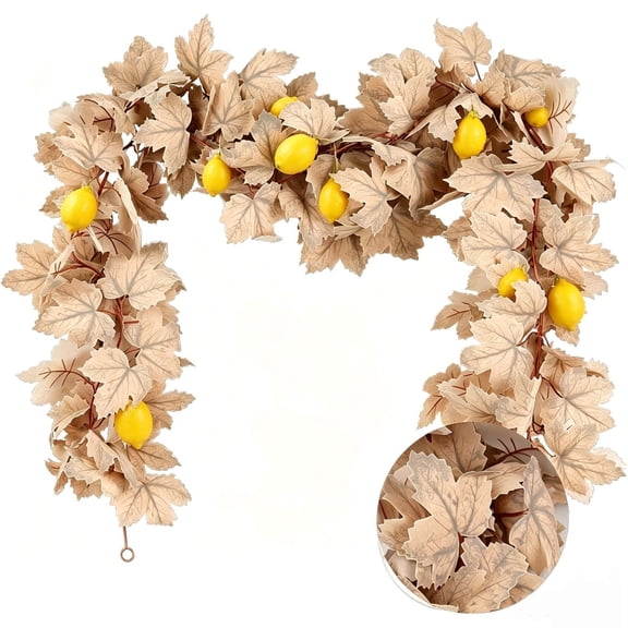 Fall Garland, 6.56FT Fall Leaves Garland with Beige Simulation Maple Leaf & Lemon Garland, Artificial Autumn Foliage Garlands for Thanksgiving Dining Table Porch Staircase Decor