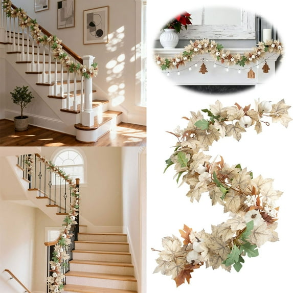 Fall Garland 6 Ft Autumn Maple Leaf Garland with White Pumpkins and Berries for Thanksgiving Fireplace Mantle Decor Farmhouse Harvest Home Indoor Outdoor Hanging Decoration