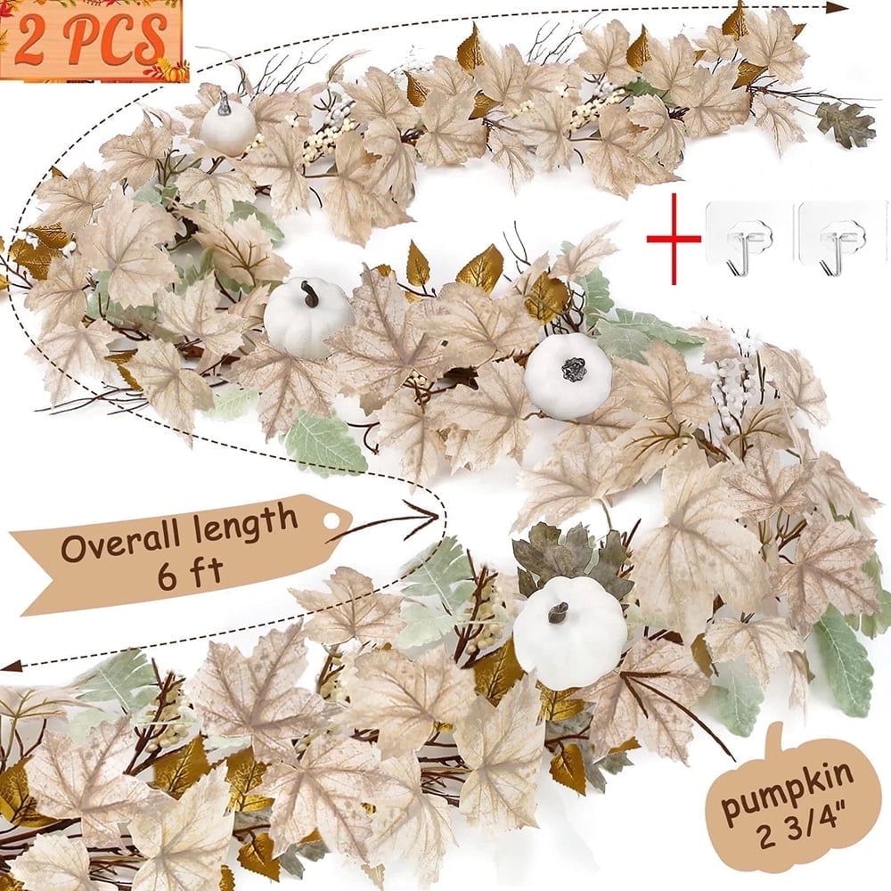 2 Pack Fall Garland - 6 Ft Autumn Maples Leaf Pumpkin Berry Garland - Thanksgiving Mantle Fireplace Farmhouse Harvest for Home Outdoor Indoor Decorations