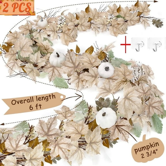2 Pack Fall Garland - 6 Ft Autumn Maples Leaf Pumpkin Berry Garland - Thanksgiving Mantle Fireplace Farmhouse Harvest for Home Outdoor Indoor Decorations