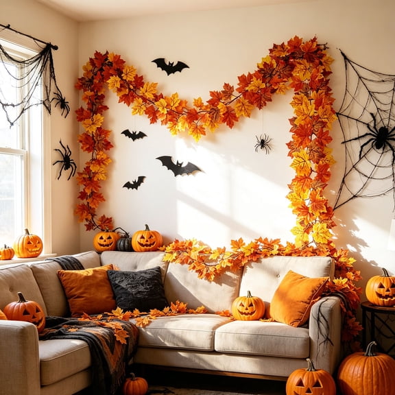 Fall Garland, 6Ft Artificial Maple Vine Fall Leaves Garland, Fake Autumn Foliage Hanging Decor For Mantel Door Wall Halloween Thanksgiving Indoor Outdoor Home Autumn Decor