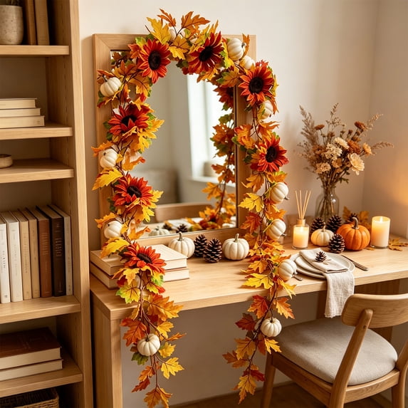 Fall Garland Artificial Maple Leaves With Pumpkin Accents Autumn Thanksgiving Fireplace Mantel Decor Orange