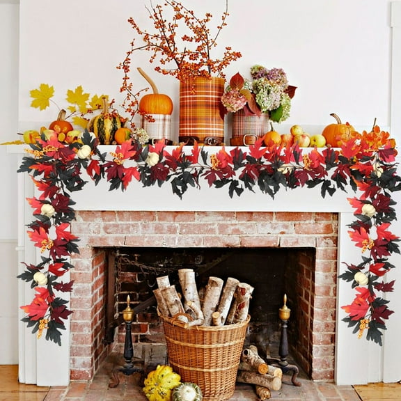 Fall Garland Decor - 68.9" Pumpkin & Maple Leaf Hanging Vine for Fireplace & Staircase
