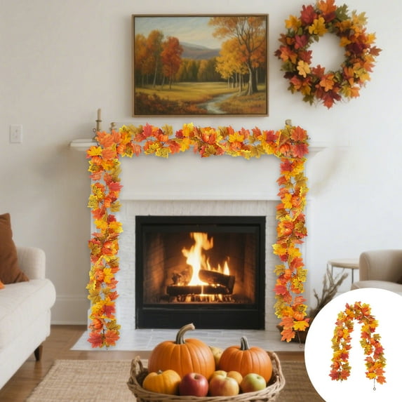 Fall Garland Decorations for Home, Holiday Simulation Maple Leaf Rattan Stair Door Fireplace Porch Decoration, Thanksgiving Decoration for Home Artificial Autumn Garlands Thanksgiving Outdoor Decor