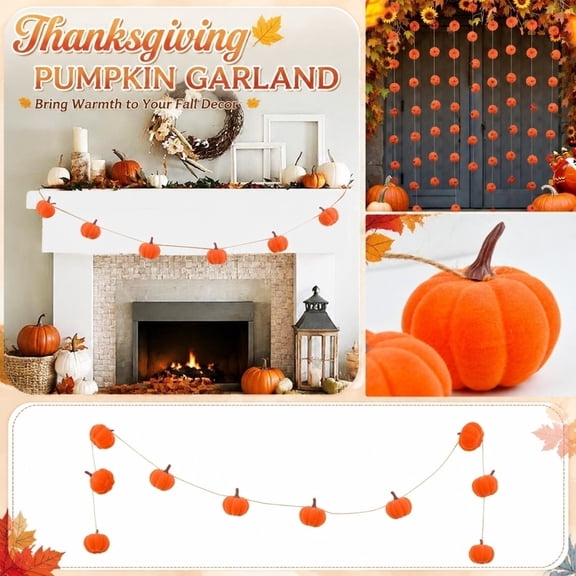 Fall Garland, Flocked Halloween Hanging Decor, Pumpkin Decor for Outdoor, Thanksgiving Table Decor, Autumn Decorations for Home, Durable Lightweight Flocked Construction, 59 Inch