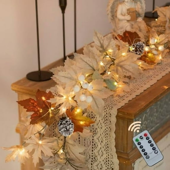 Fall Garland with Light for Mantle: 6ft Fall Lighted Garland with 40 LEDs - 8 Lighting Modes with Remote Timer - White Maple Leaf Autumn Garlands for Railing Outdoor - Thanksgiving Home Decor