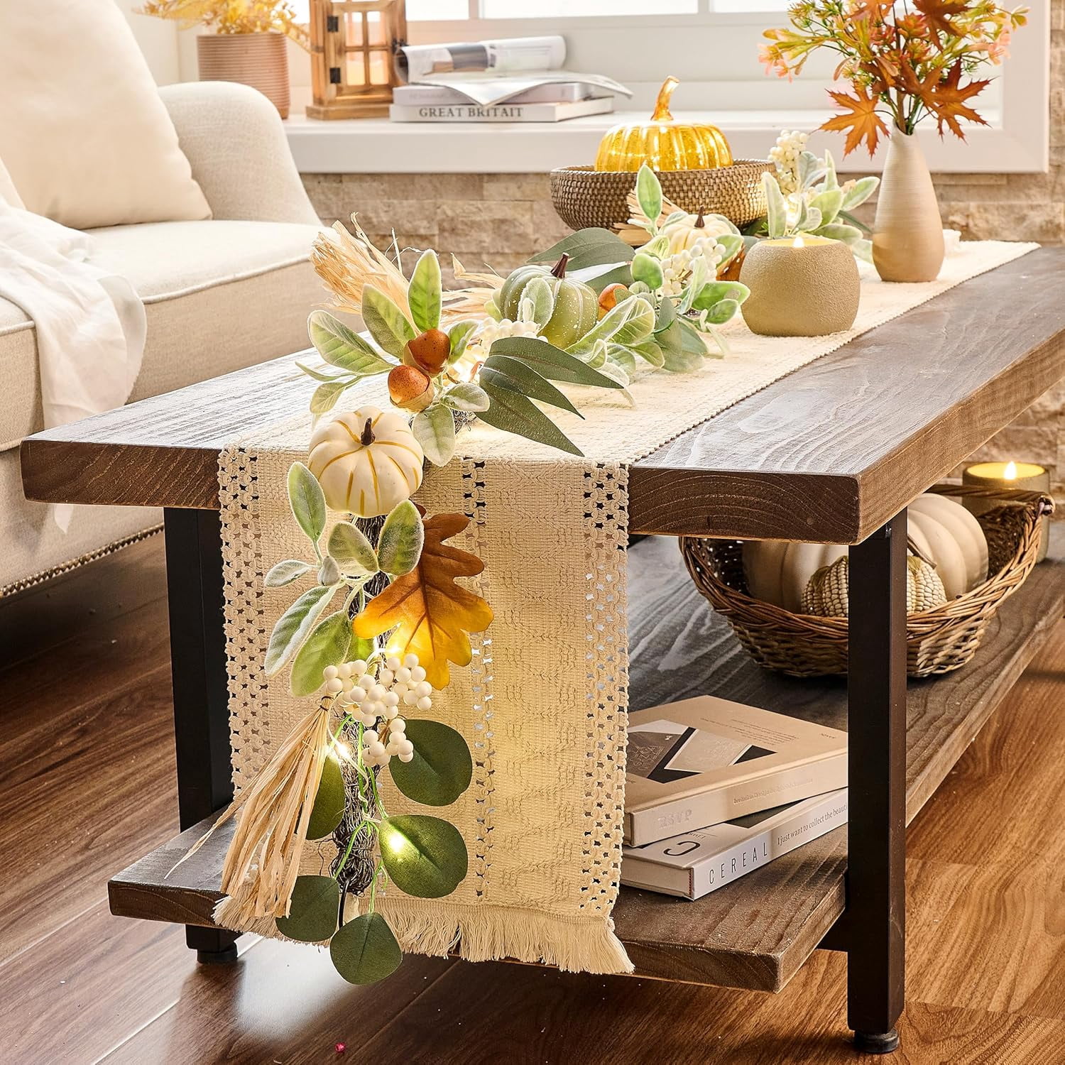Fall Garland for Mantle, 5ft Lambs Ear Garland Leaves with Lights White ...