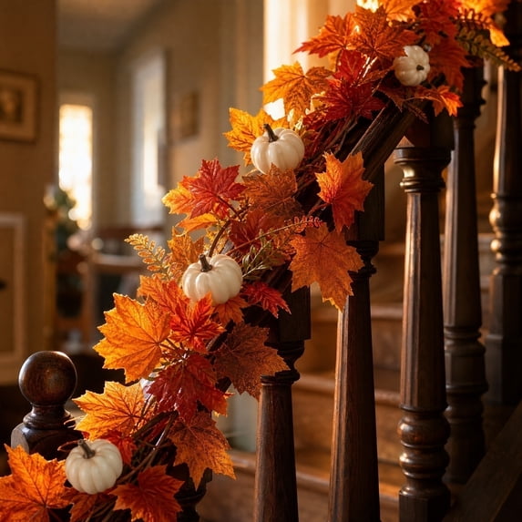 Fall Garland Maple Leaf, Hanging Vine Garland Artificial Autumn Foliage Garland Thanksgiving Decor for Home Wedding Fireplace Party Christmas (Orange)