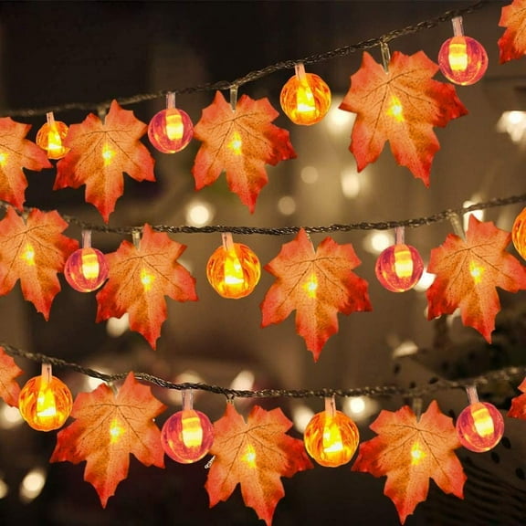 Fall Garland with Pumpkin Lights & Enlarged Maple Fall String Lights Halloween Pumpkins Lights, Battery Operated Fall Decorations Home Indoor Outdoor Thanksgiving Decor