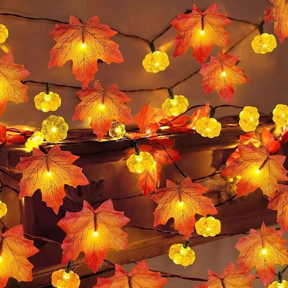 Fall Garland with Pumpkin Lights Fall Decorations for Home Total 10LED 5Ft Enlarged Maples Leaves Fall Lights Battery Operated Halloween Thanksgiving Christmas Decor Wedding Party