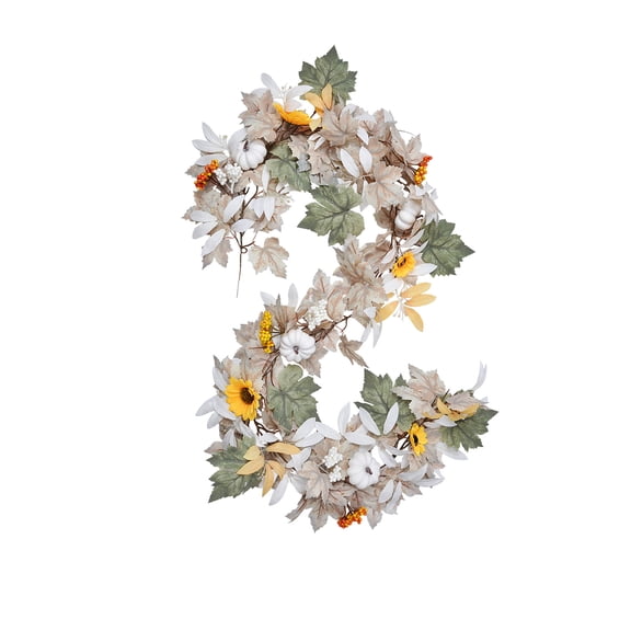 Fall Garland Wreath,6ft Maple Leaf Garland with White Pumpkins, Berries,Operated Thanksgiving Garland for Mantel, Fireplace, Tabletop