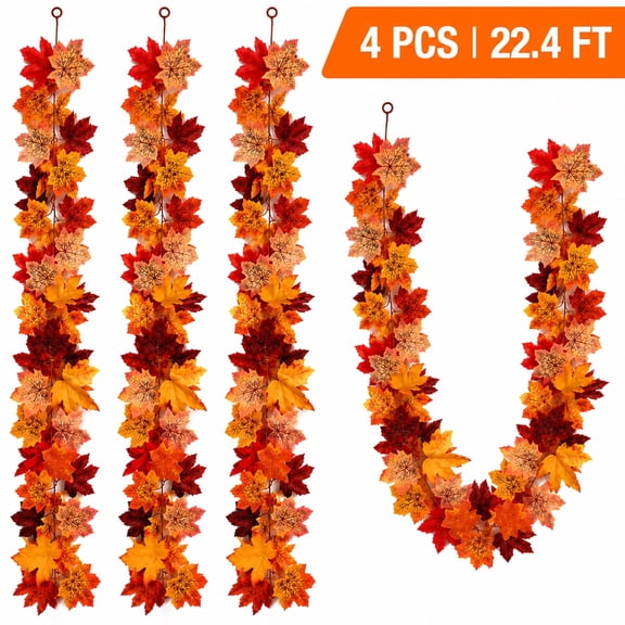 Fall Garlands Decoration Autumn Maple Leaf for Home Porch Artificial Hanging Vines Thanksgiving Table Decorations 22.4FT 4PCS