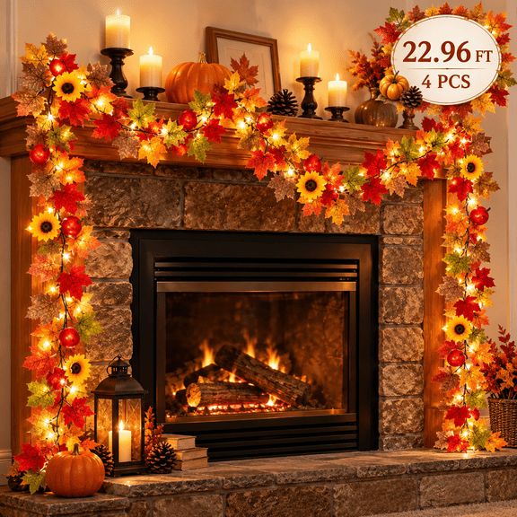 Fall Garland with Lights, 22.96 Ft Artificial Maple Leaf Garland with Pumpkins and Sunflowers for Mantel, Fireplace, Doorway, Thanksgiving Decor 4 Pack