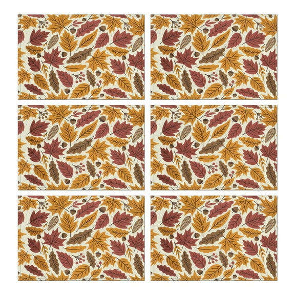 Fall Gathering Placemats Set of 6, 12x18 Inch Rustic Linen Table Mats with Pumpkin and Turkey Pattern, Washable Farmhouse Dining Decor for Thanksgiving Celebration