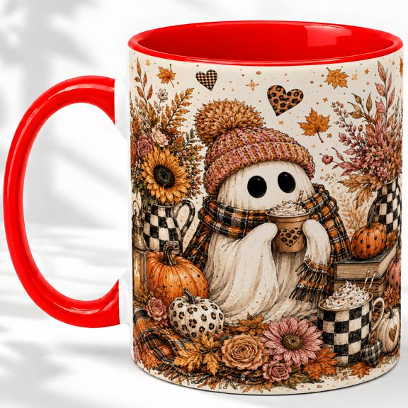 Fall Ghost Accent Mug, 11oz Ceramic Coffee Cup for Autumn Lovers Glossy ceramic mug with double-sided autumn ghost artwork for daily coffee, tea, or desk use