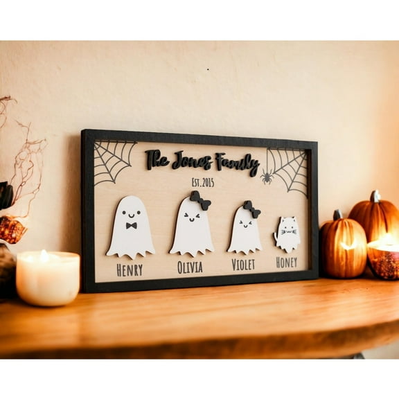 Fall Ghost Family Name Sign Personalized Wooden Halloween Home Decor
