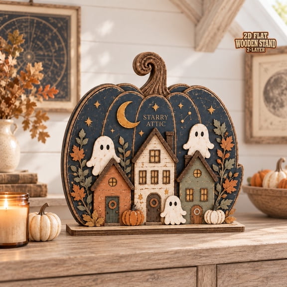 Fall Ghost House Wooden Block, Starry Attic Pumpkin Family Tabletop Display for Halloween