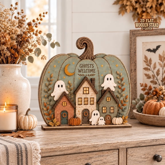 Fall Ghost House Wooden Block Vintage Pumpkin Scene Tabletop Halloween Decoration