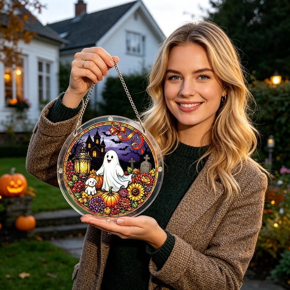 Fall Ghost Pumpkin Acrylic Suncatcher Hanging Ornament 20cm, Stained Glass Style Halloween Window Wall Hanging Sign, Cute Ghost Dog Floral Pumpkin Pendant for Harvest Farmhouse Indoor Halloween Decor