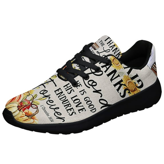 Fall Give Thanks To The Lord For He Is Good His Love Endures Forever Thanksgiving Shoes Sneakers for Women Men Black Size 4.5