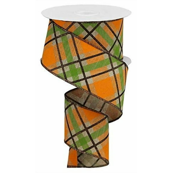 Fall Glitter Plaid Diagonal Stripe Wired Edge Ribbon (2.5 Inches, Light Beige, Brown, Orange, Moss Green) - 10 Yards