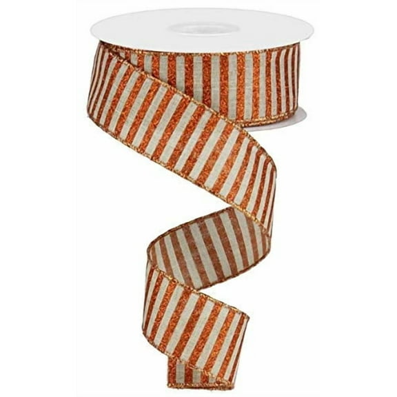 Fall Glitter Stripe Wired Edge Ribbon (1.5 Inches, Natural Bright Orange) - 10 Yards