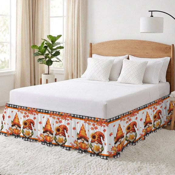 Fall Gnome Bed Skirt California King Size 16 Inch Drop, Maple Leaf Pumpkin Sunflower Adjustable Elastic Dust Ruffles Bedskirt Wrap Around Pleated Mattress Frame Cover