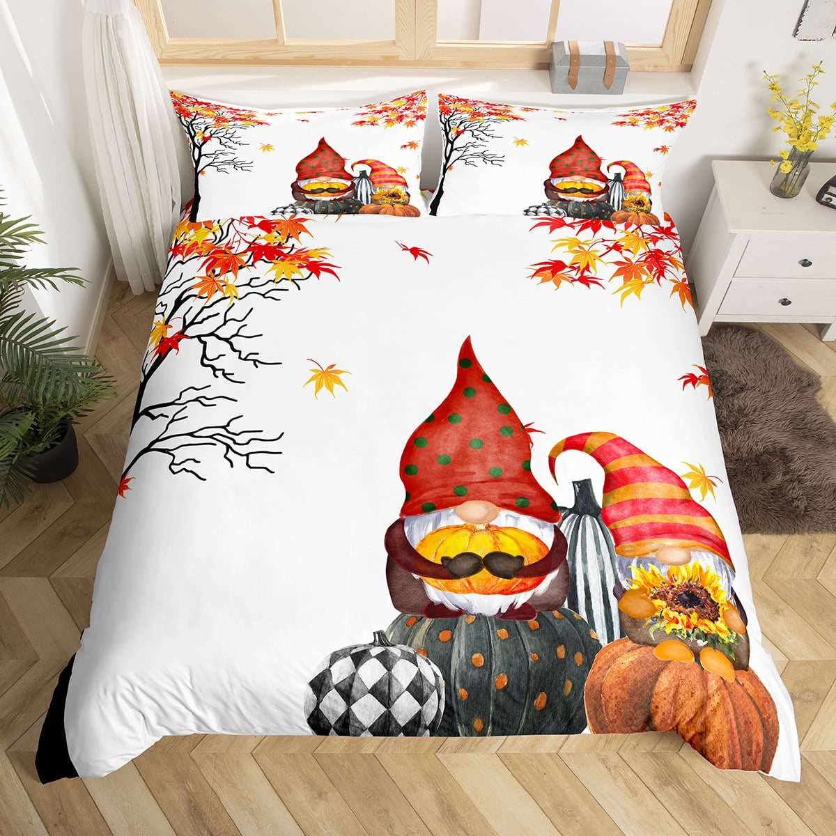 Fall Gnome Bedding Set Autumn Harvest Pumpkin Comforter Cover,Maple ...