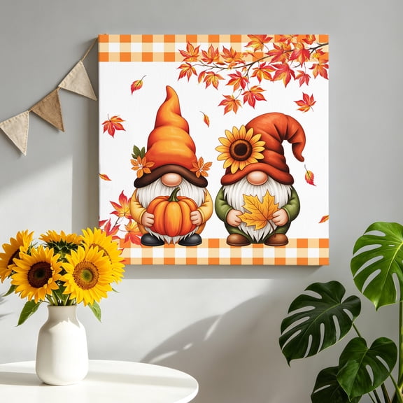 Fall Gnome Canvas Wall Art for Living Room, Maple Leaf Pumpkin Sunflower Poster Print Painting for Bedroom Office Home Decoration Wall Pictures Prepare To Hang 8"x8"