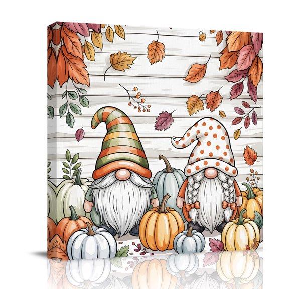 Fall Gnome Canvas Wall Art for Living Room, Pumpkin Fallen Leaves Cartoon Wood Grain Poster Print Painting for Bedroom Office Home Decoration Wall Pictures Prepare To Hang 8"x8"