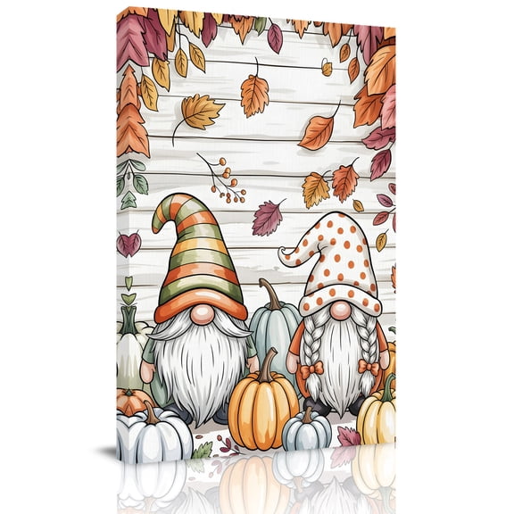 Fall Gnome Canvas Wall Art for Living Room, Pumpkin Fallen Leaves Cartoon Wood Grain Wall Decor Framed Artwork Pictures Ready to Hang for Bedroom Office Home Decor